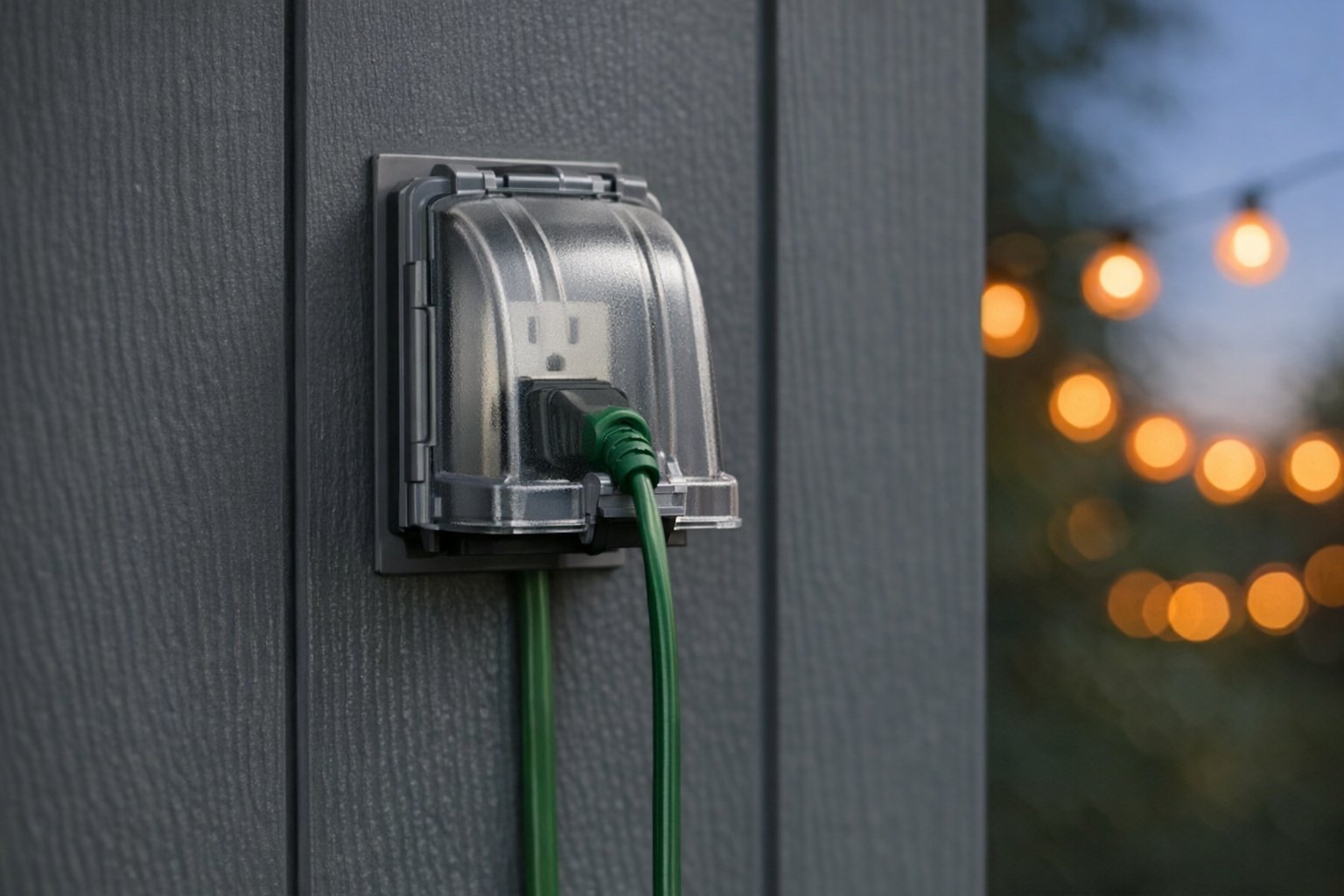 An outdoor electrical outlet on a home's siding with a weatherproof in-use cover closed over a plugged-in outdoor extension cord
