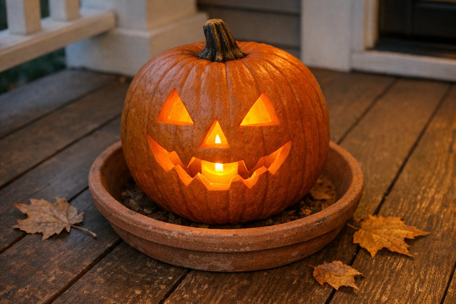 A carved pumpkin lit by a battery candle, sitting on a shallow tray to protect a stained wood porch floor