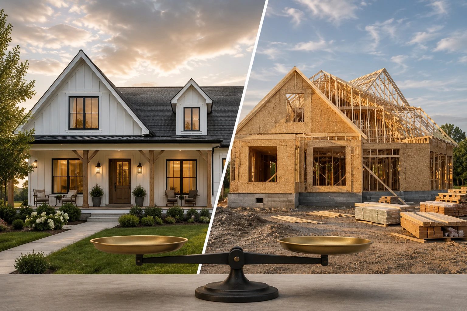 A finished farmhouse beside a home under construction, balanced on a scale