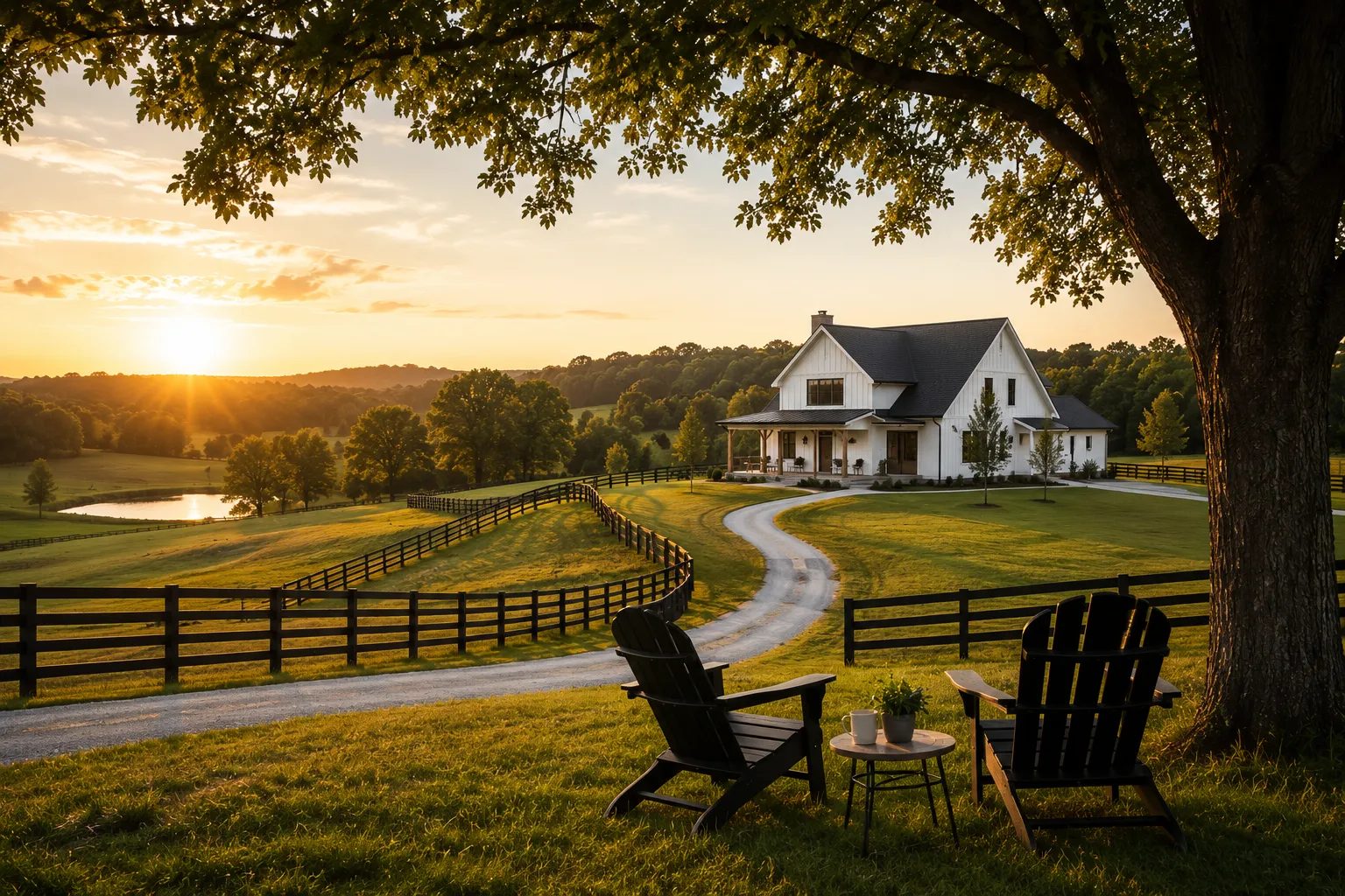 A new Southaven farmhouse at sunset on rolling Middle Tennessee land