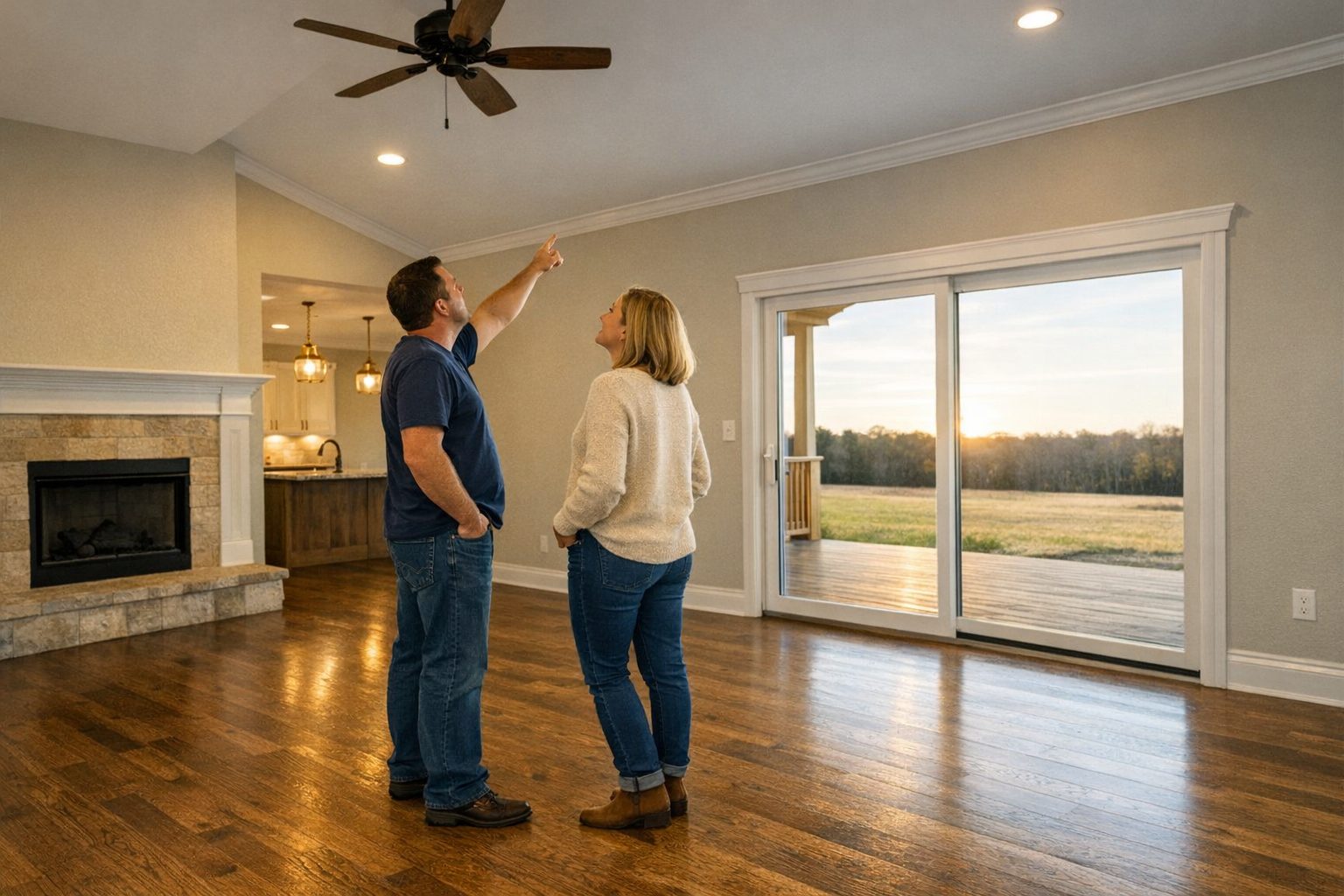 Hero: two adults standing in the empty living room of a finished Southaven home, hands in pockets, both looking up at the ceiling line while one point