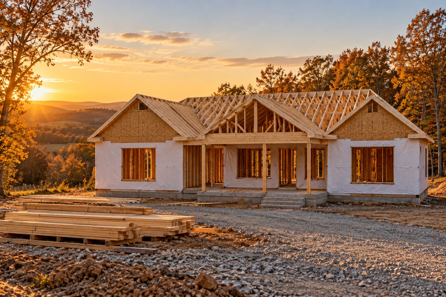 A single-story farmhouse-style home in the framing stage on a rolling Middle Tennessee homesite at golden hour