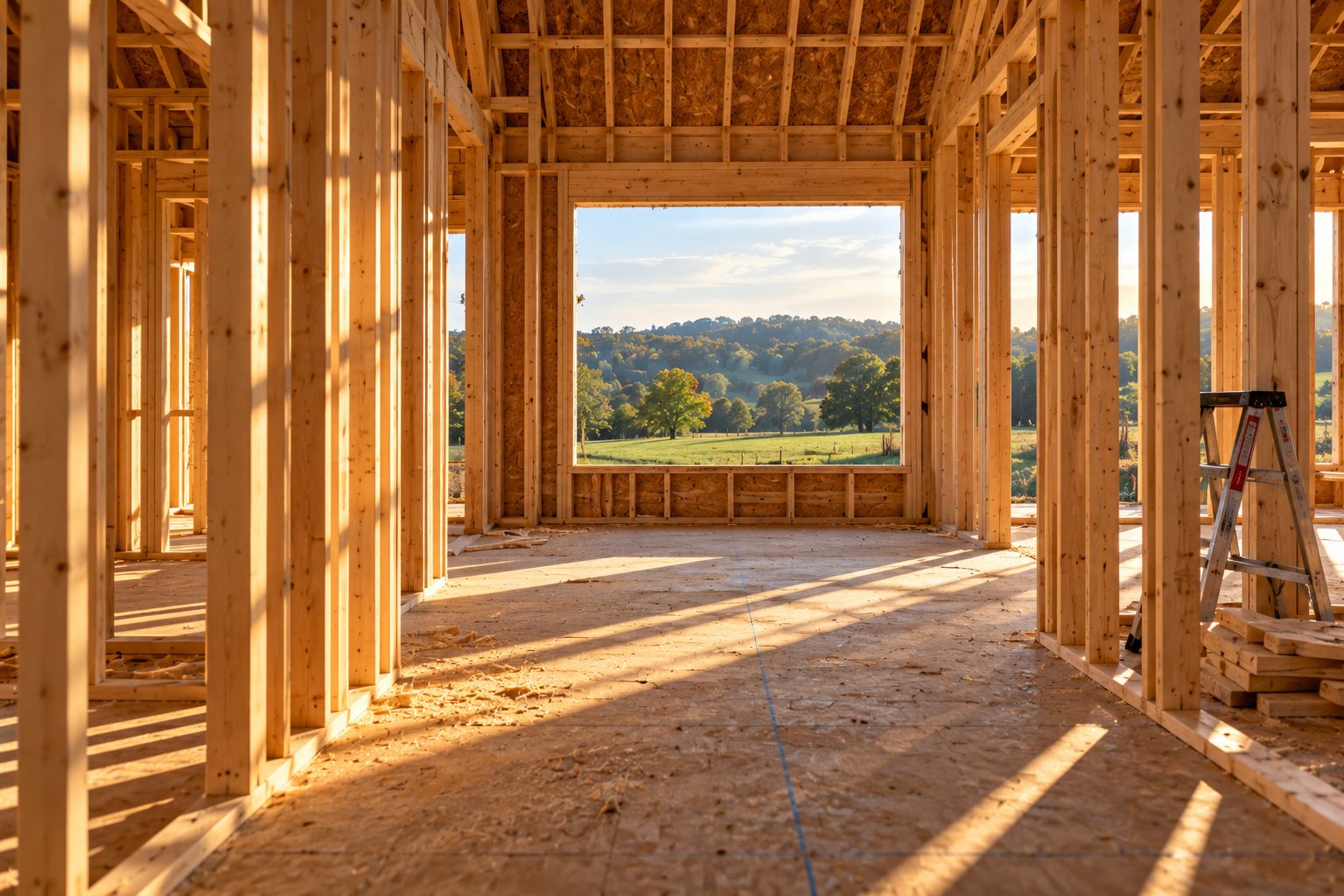 Inside a framed house looking through open wall studs toward a large window opening that frames green pasture and a distant tree line