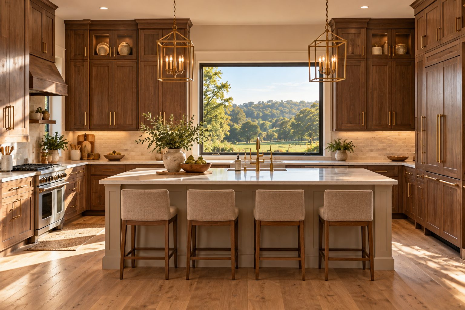 The finished version of that kind of room: a kitchen with walnut-stained shaker cabinets to the ceiling, brushed brass pulls