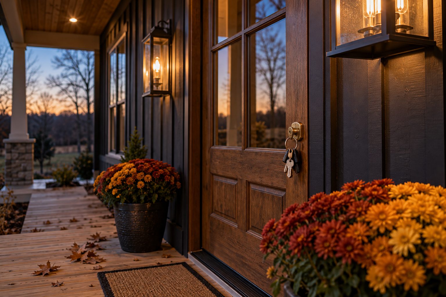A stained wood front door with divided glass lites on a covered farmhouse porch at dusk in late fall