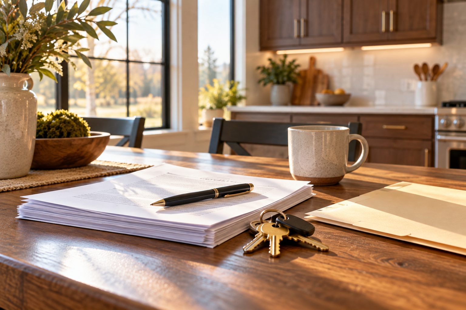A neat stack of closing papers, a pen and a set of new house keys on a wood dining table beside a sunny window