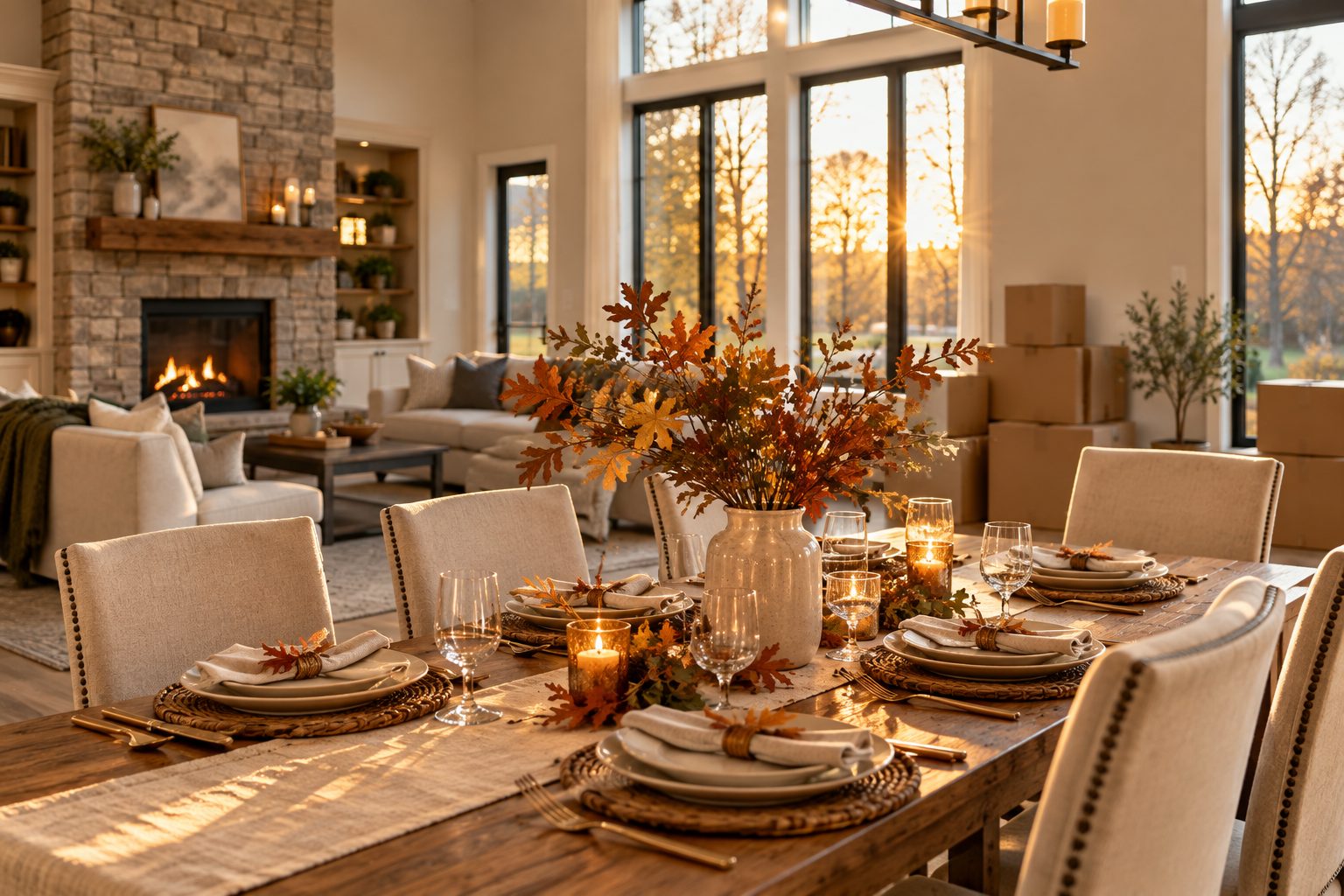 A holiday table set for a meal in a newly finished great room, a few moving boxes still stacked against the far wall