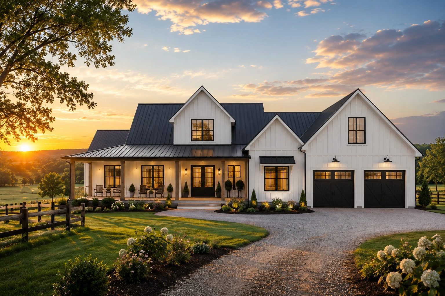 A modern white farmhouse at sunset in Middle Tennessee