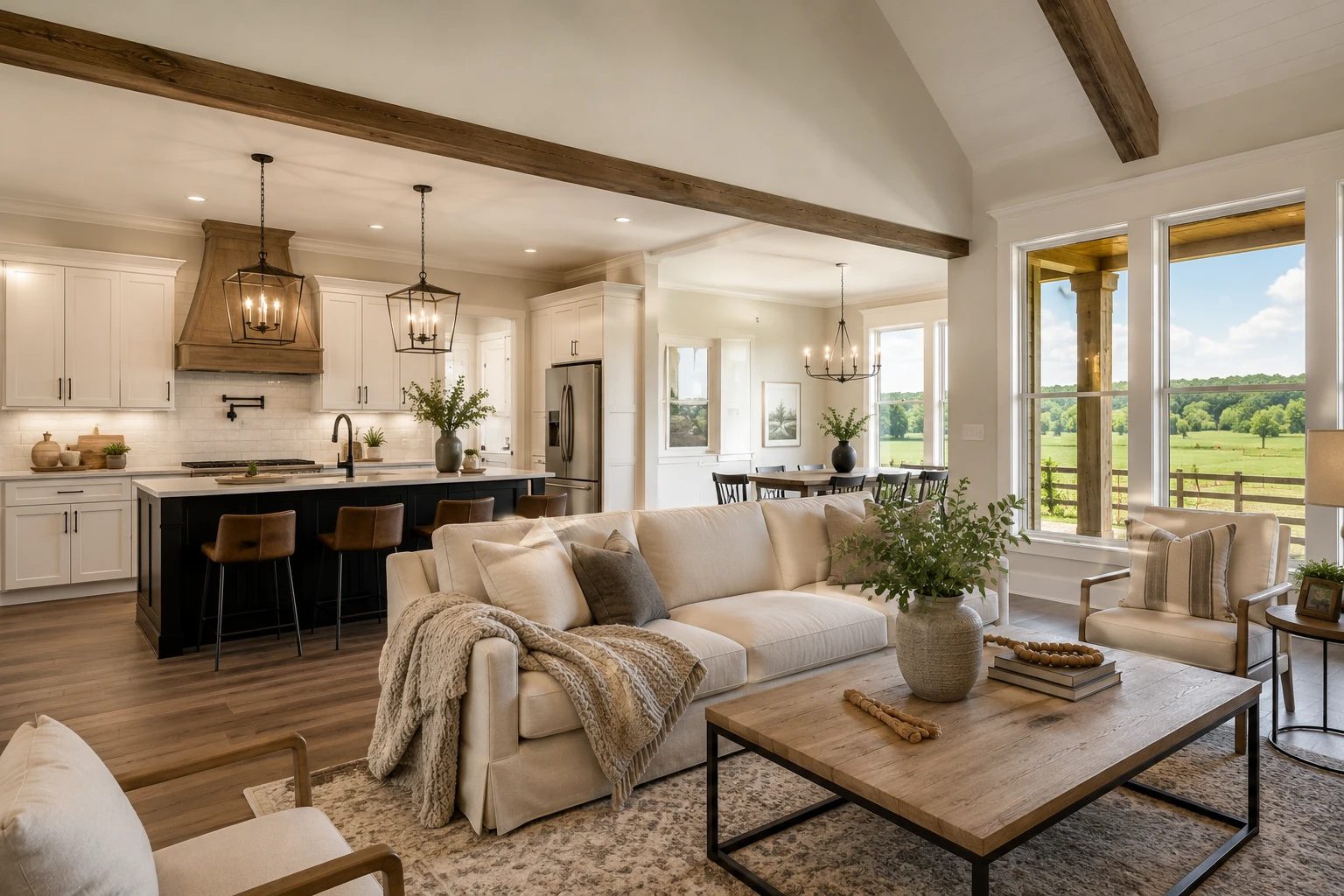 Open-concept living room flowing into the kitchen and dining area