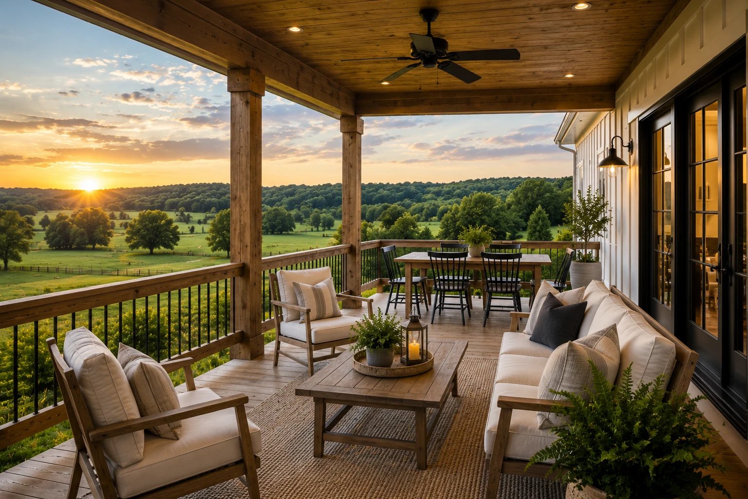 A covered porch with comfortable seating overlooking rolling Middle Tennessee pasture at sunset