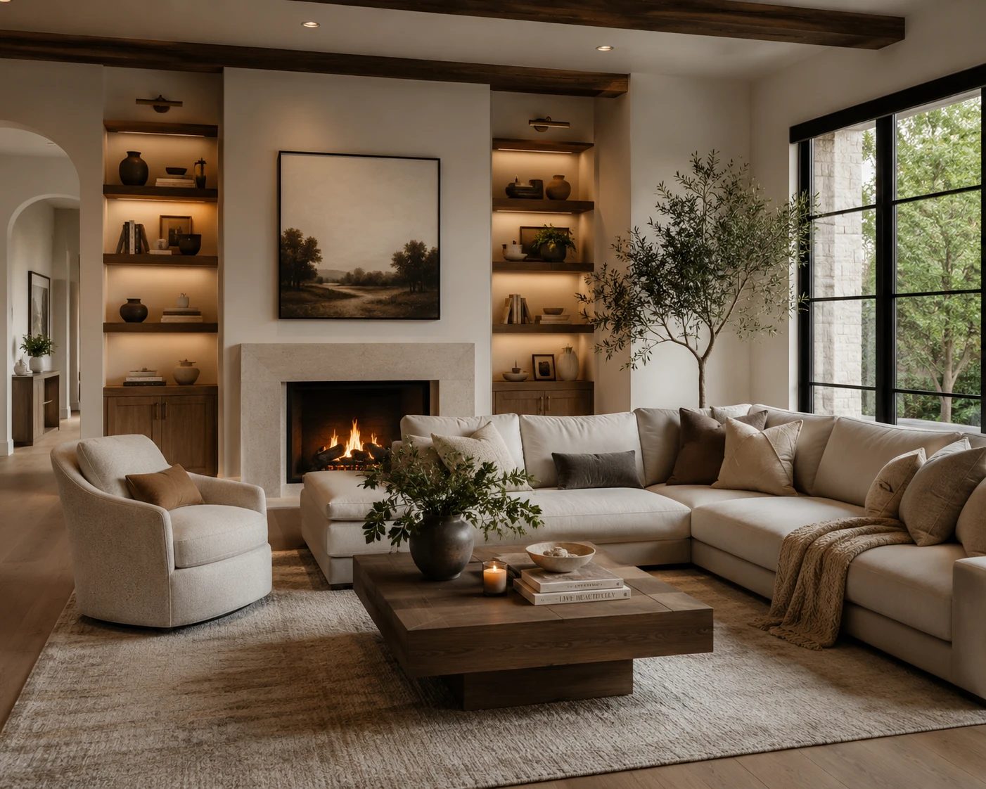 A warm, professionally styled living room with a fireplace in a new Middle Tennessee home