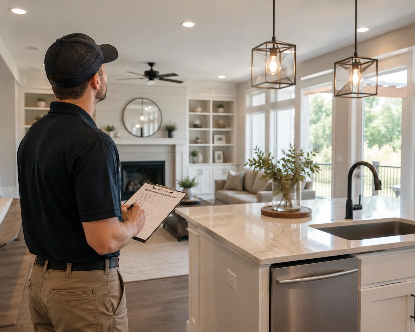 A professional home inspector reviewing a checklist in a bright, newly built kitchen