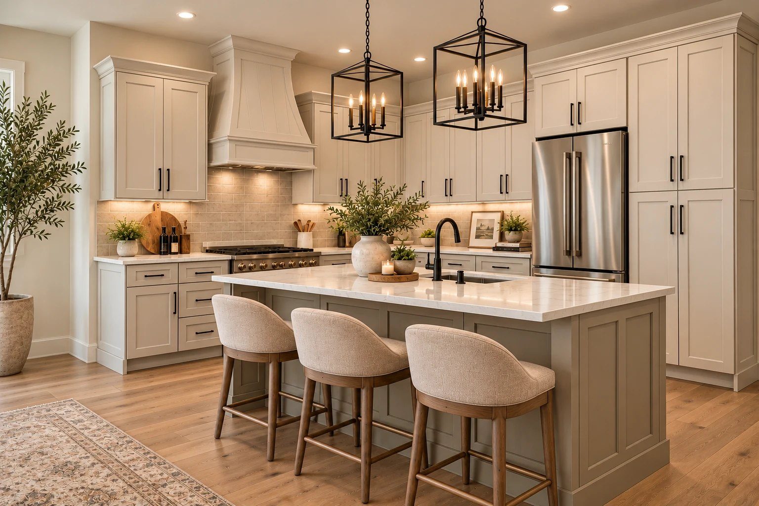 Rendering of the kitchen at 1128 Ridgecrest Drive, with cream shaker cabinets, a greige island with white counters and stools
