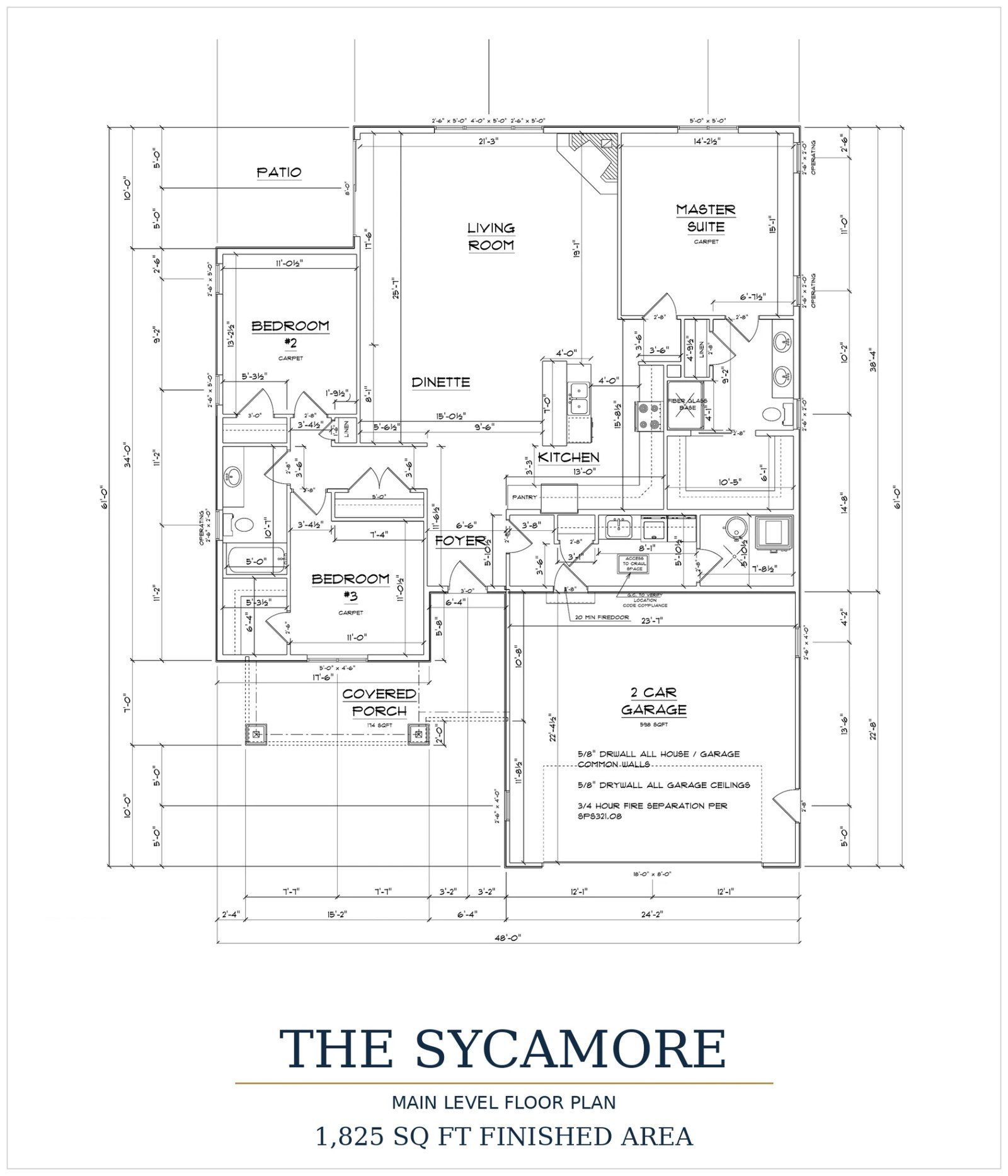 The Sycamore main-level floor plan, 1,825 square feet, showing the split-bedroom layout, the open great room and kitchen