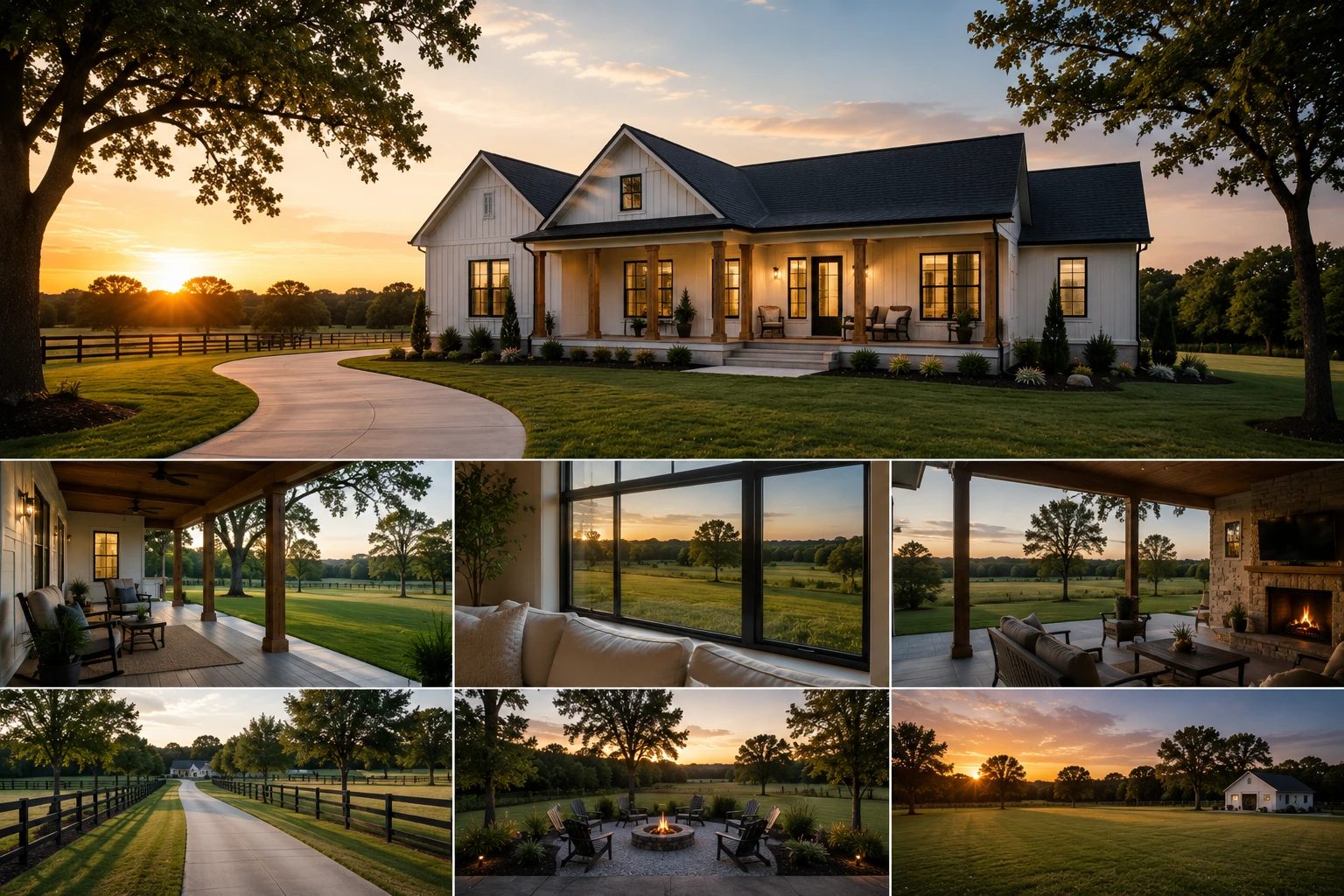 A collage of acreage living: a farmhouse at sunset, covered porches, framed pasture views, a tree-lined driveway, and a firepit under the evening sky