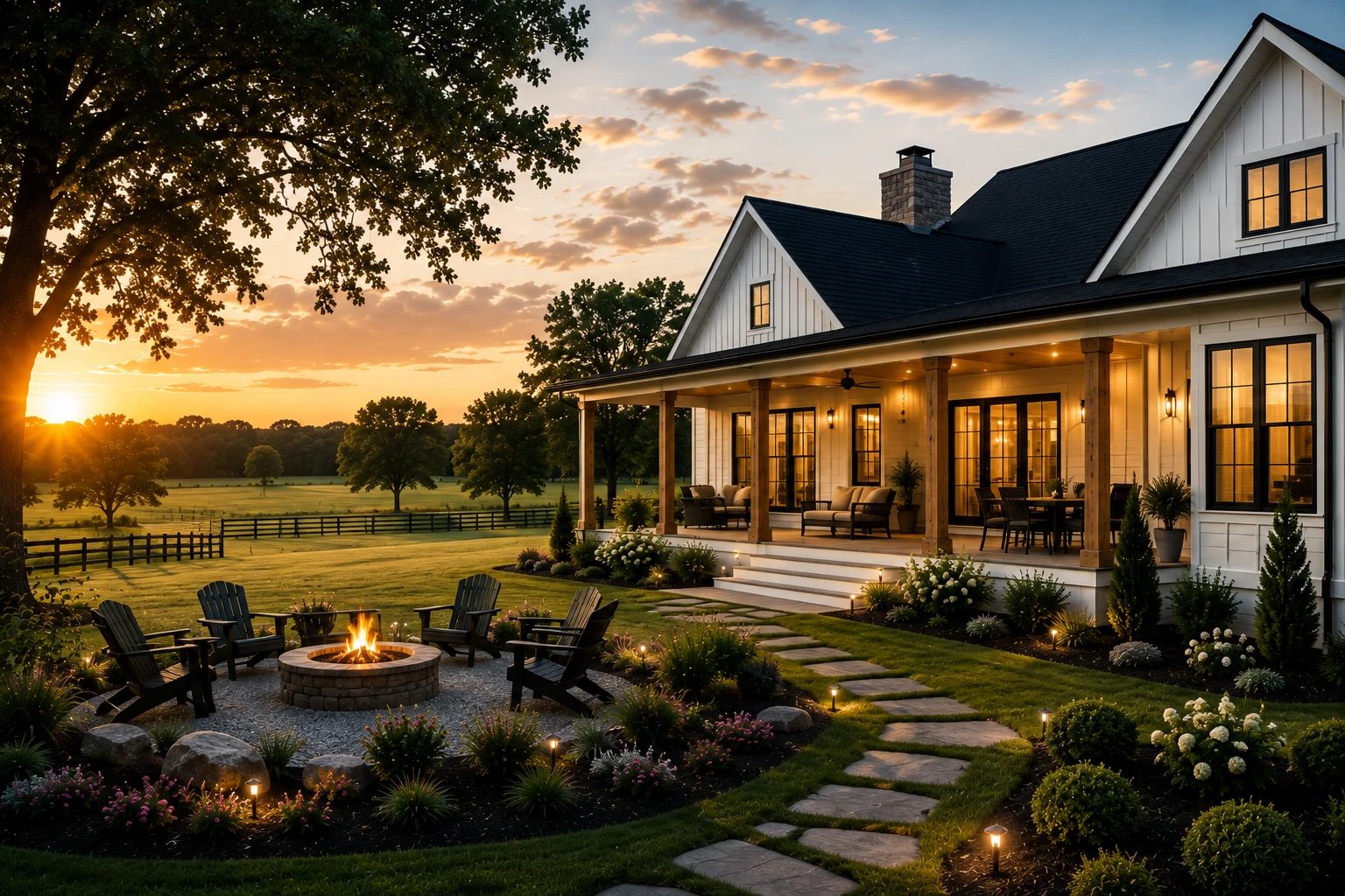 A white farmhouse with a firepit and landscaped yard on open Middle Tennessee acreage at sunset