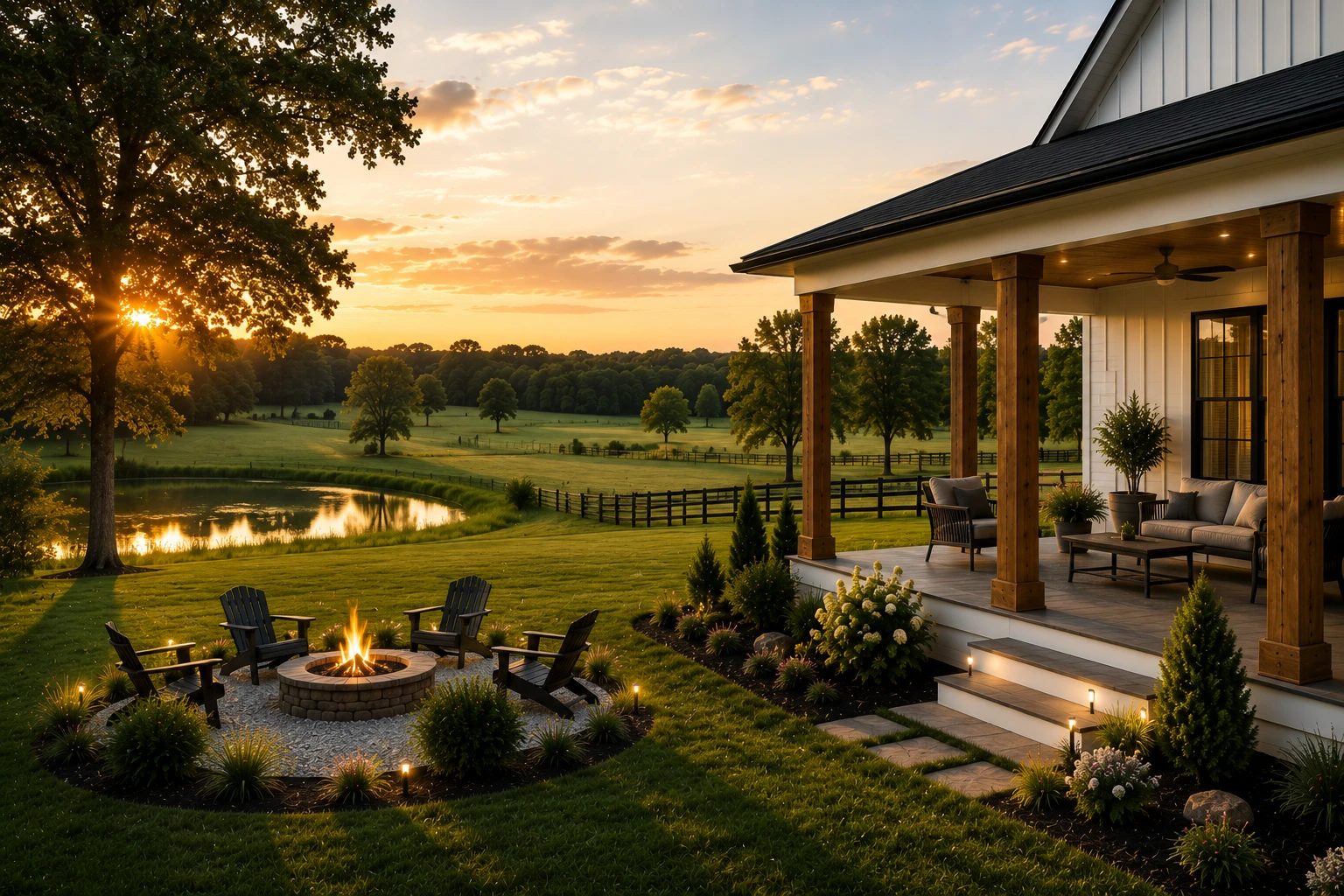 A covered back porch and firepit overlooking a pond and fenced pasture at sunset in Middle Tennessee