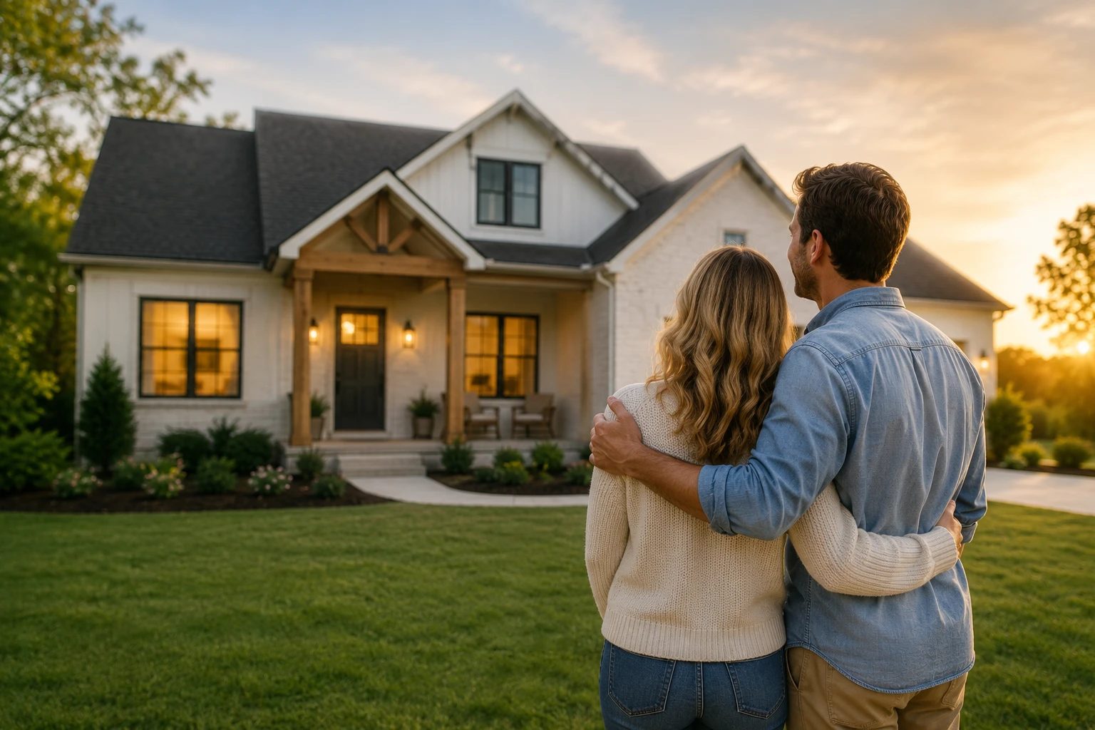 A couple standing arm in arm in front of their new home at sunset