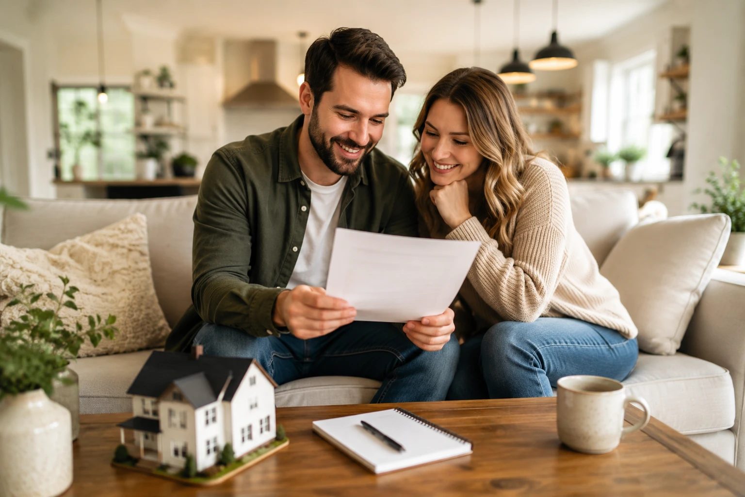 A couple reviewing their mortgage pre-approval paperwork together at home