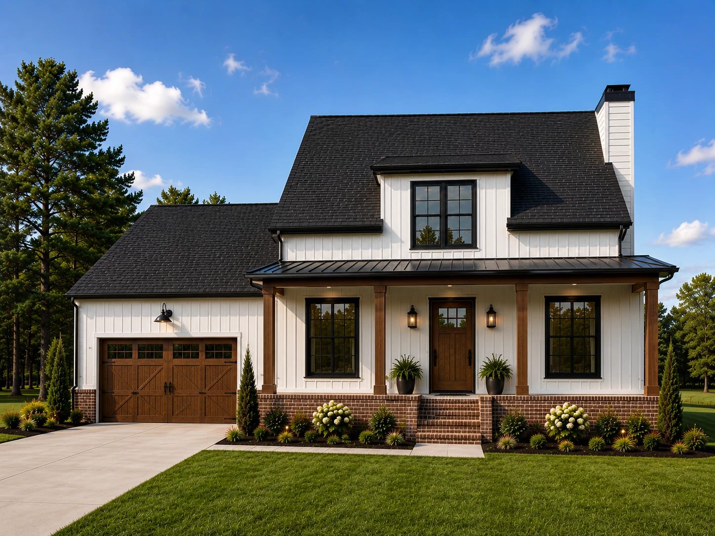 A new white farmhouse-style home with a black roof in Middle Tennessee
