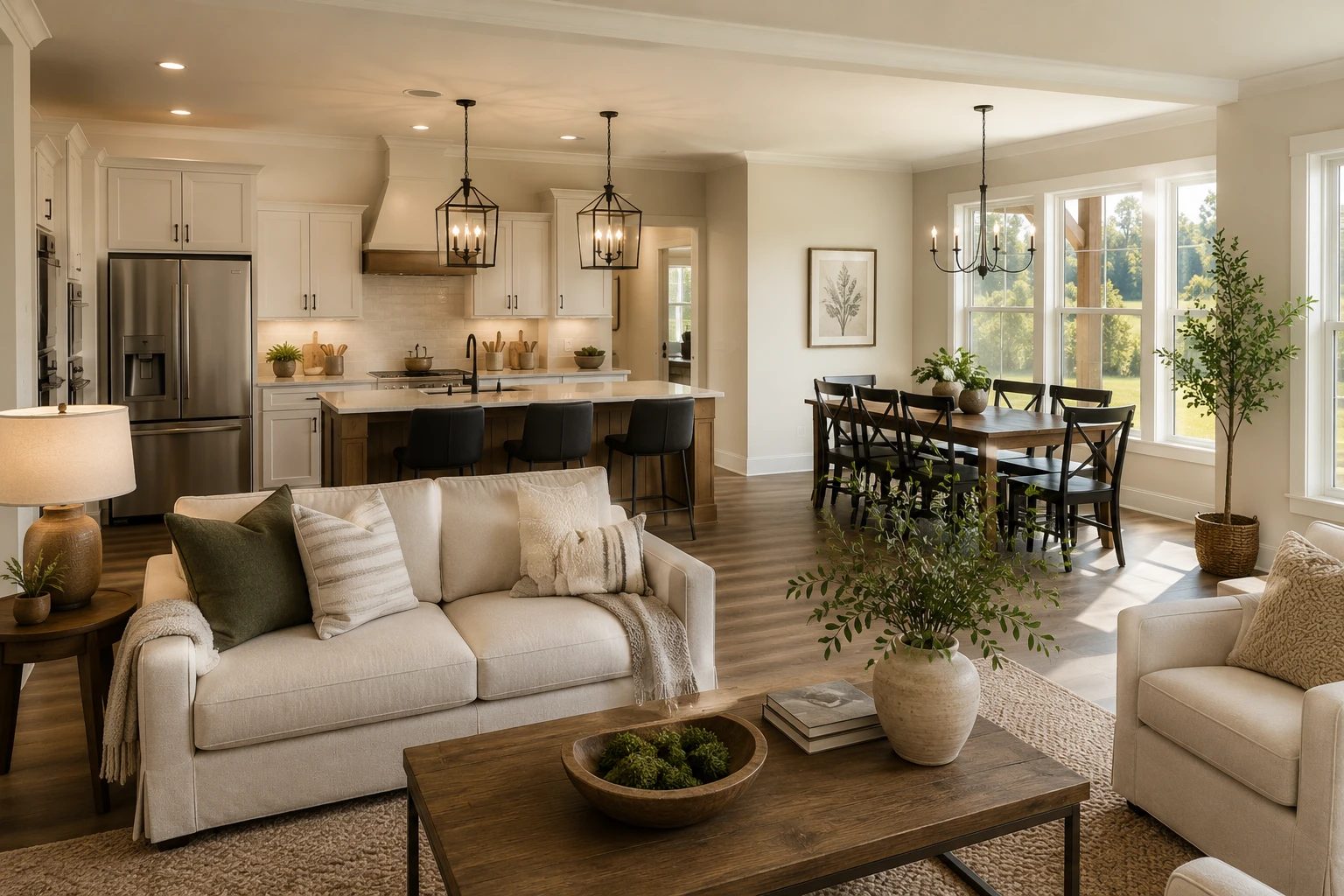 An open-concept living, dining, and kitchen space in a new Southaven home